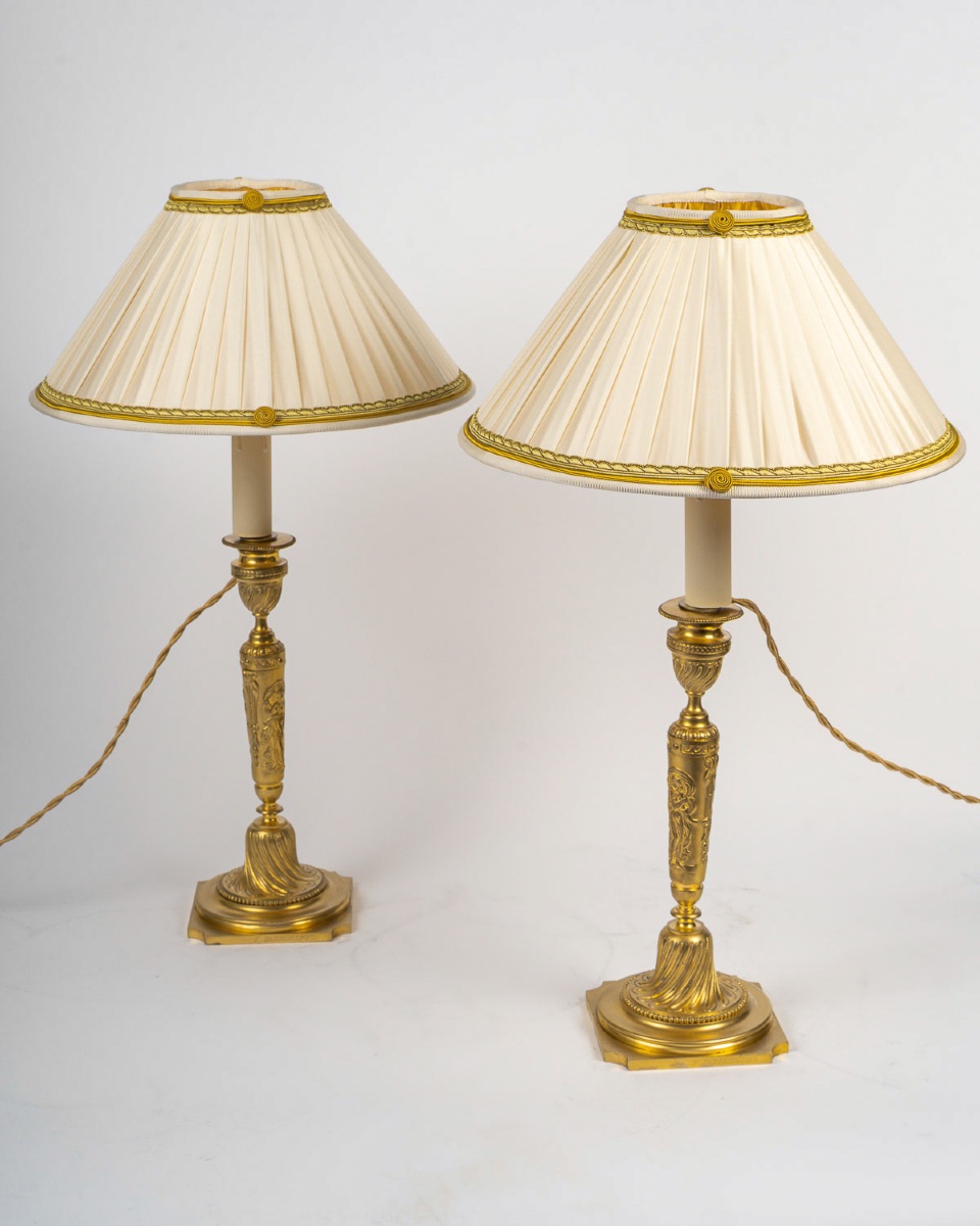 Pair Of Gilt Bronze Candlesticks With A Continuous Frieze Of Classical Women Signed Barbedienne-photo-4