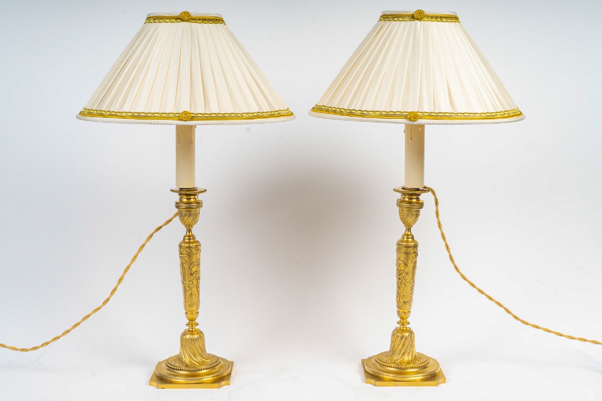 Pair Of Gilt Bronze Candlesticks With A Continuous Frieze Of Classical Women Signed Barbedienne
