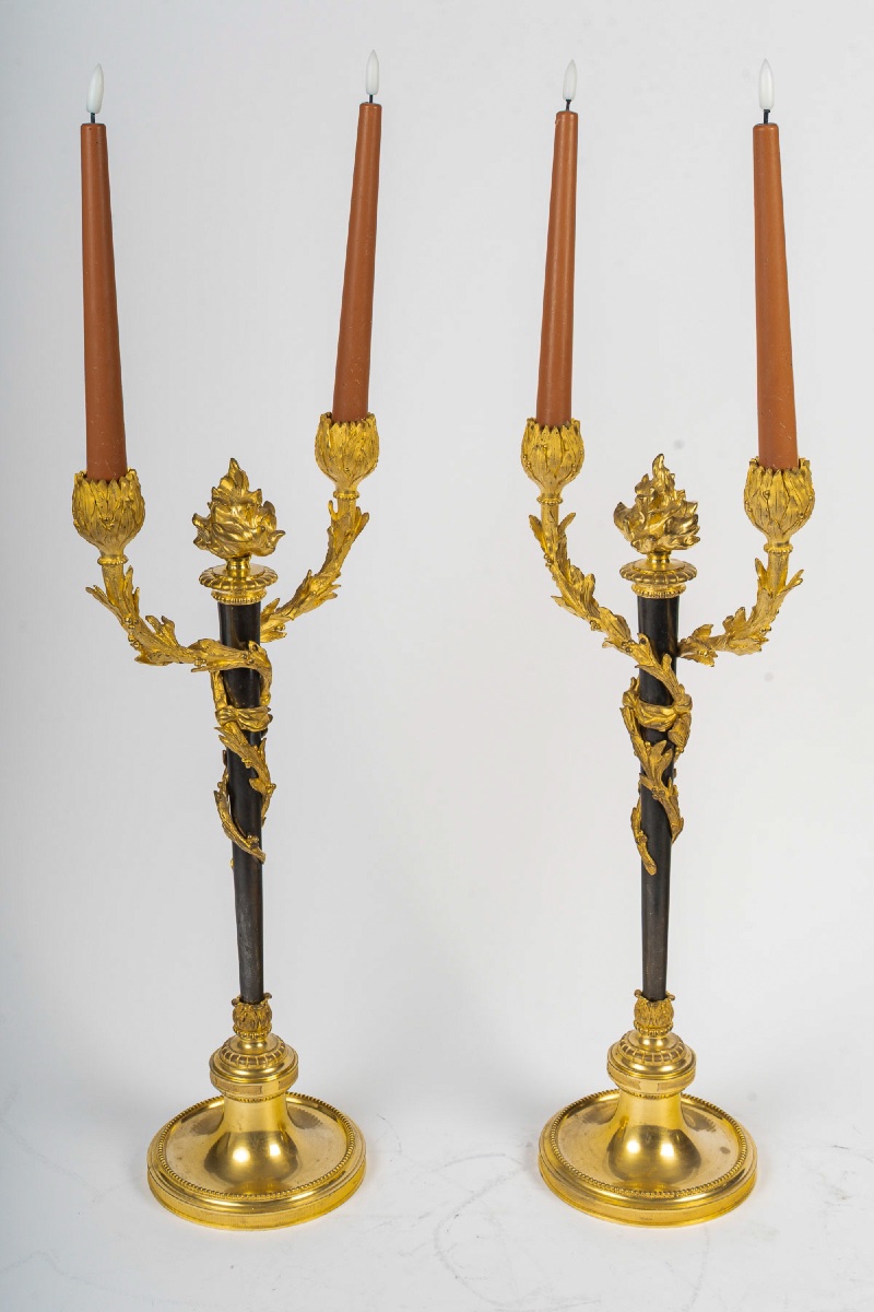 Pair Of Chased And Gilt Bronze Candelabra, Louis XVI Style, Circa 1850-1870-photo-3