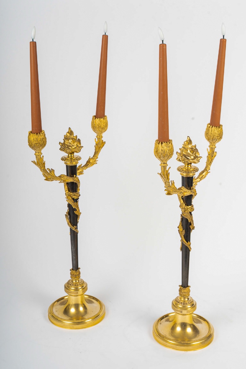 Pair Of Chased And Gilt Bronze Candelabra, Louis XVI Style, Circa 1850-1870-photo-4