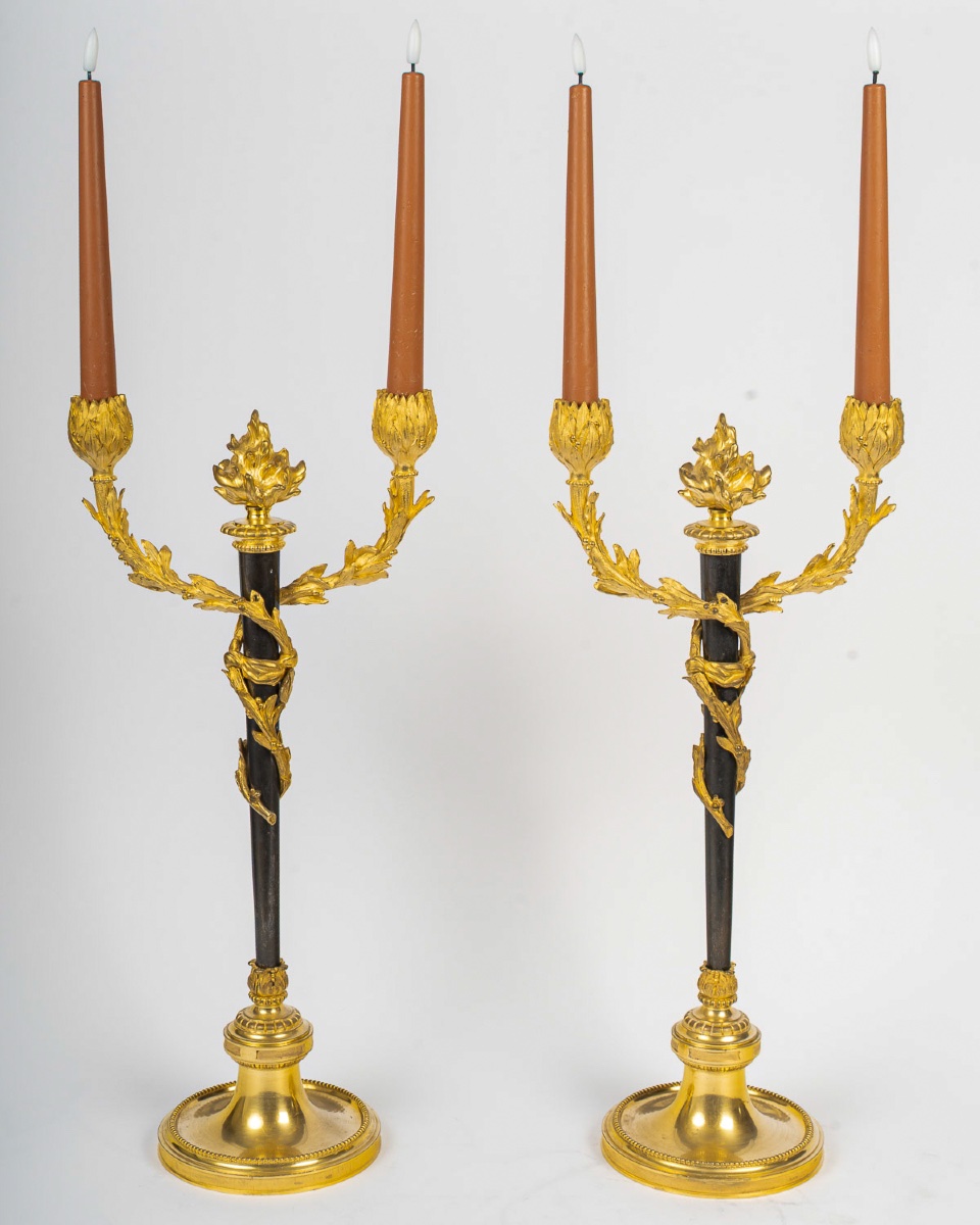 Pair Of Chased And Gilt Bronze Candelabra, Louis XVI Style, Circa 1850-1870