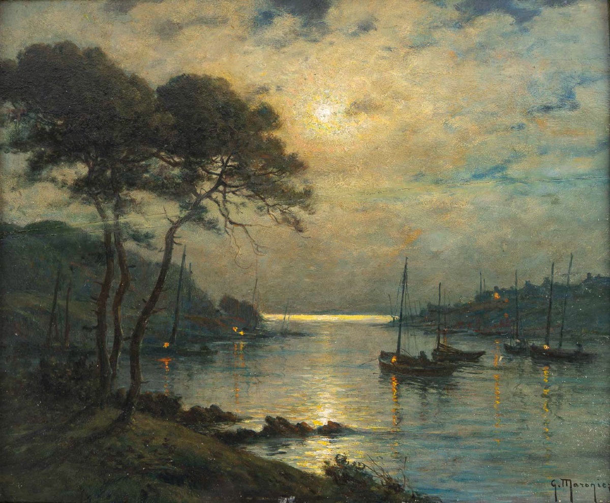 Georges Maroniez (1865-1933), Les Barques au clair de lune, huile sur panneau-photo-2