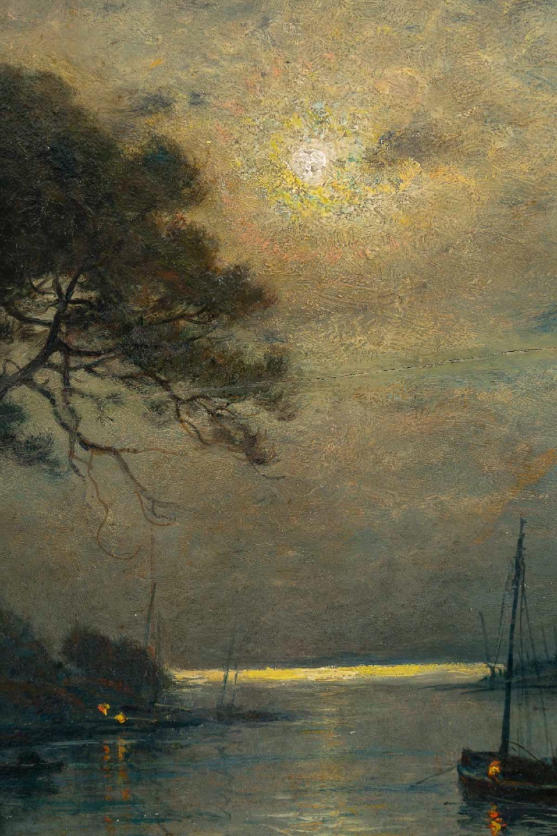 Georges Maroniez (1865-1933), Les Barques au clair de lune, huile sur panneau-photo-4