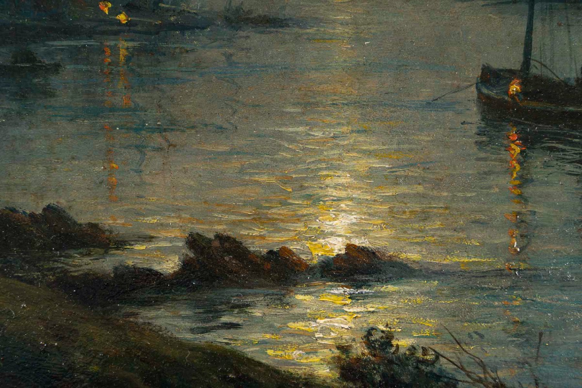 Georges Maroniez (1865-1933), Les Barques au clair de lune, huile sur panneau-photo-2