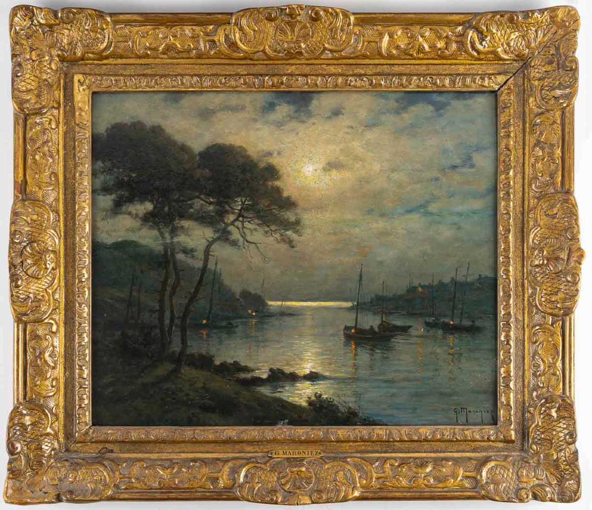 Georges Maroniez (1865-1933), Les Barques au clair de lune, huile sur panneau