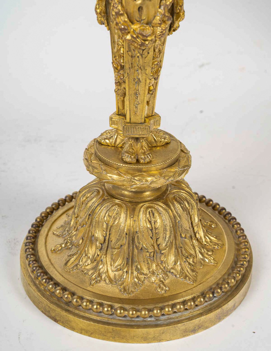 Pair Of Gilded Bronze Candlesticks In The Louis XVI Style, Converted Into Lamps After Designs By Dugourc And Rémond-photo-1