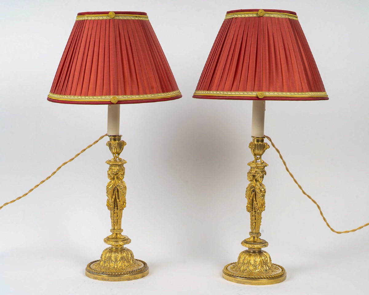 Pair Of Gilded Bronze Candlesticks In The Louis XVI Style, Converted Into Lamps After Designs By Dugourc And Rémond