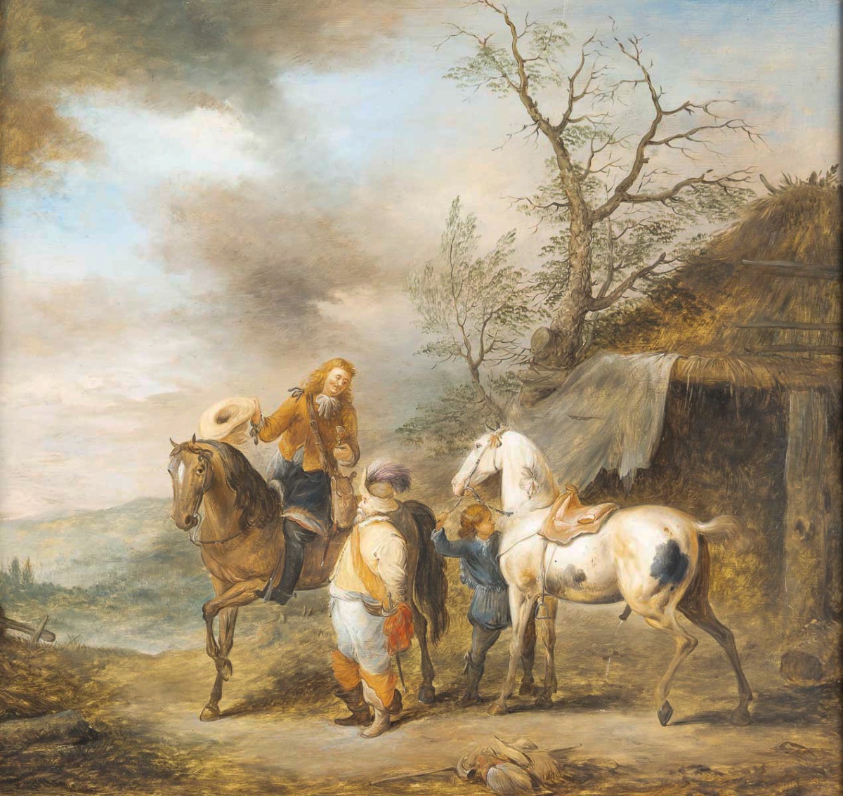 Halte de cavaliers, école flamande du XIXe siècle, dans le goût du XVIIe siècle-photo-2