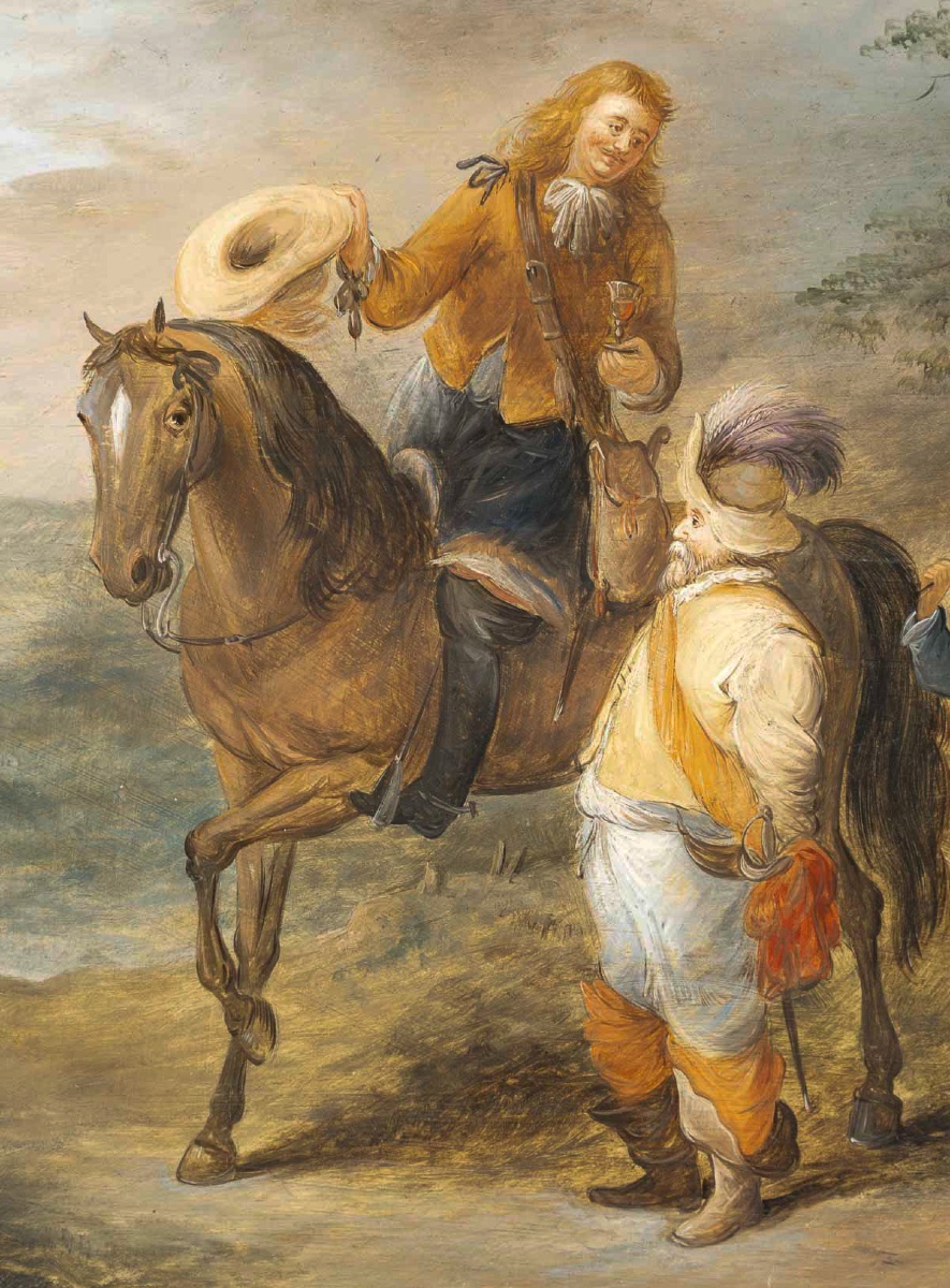 Halte de cavaliers, école flamande du XIXe siècle, dans le goût du XVIIe siècle-photo-3