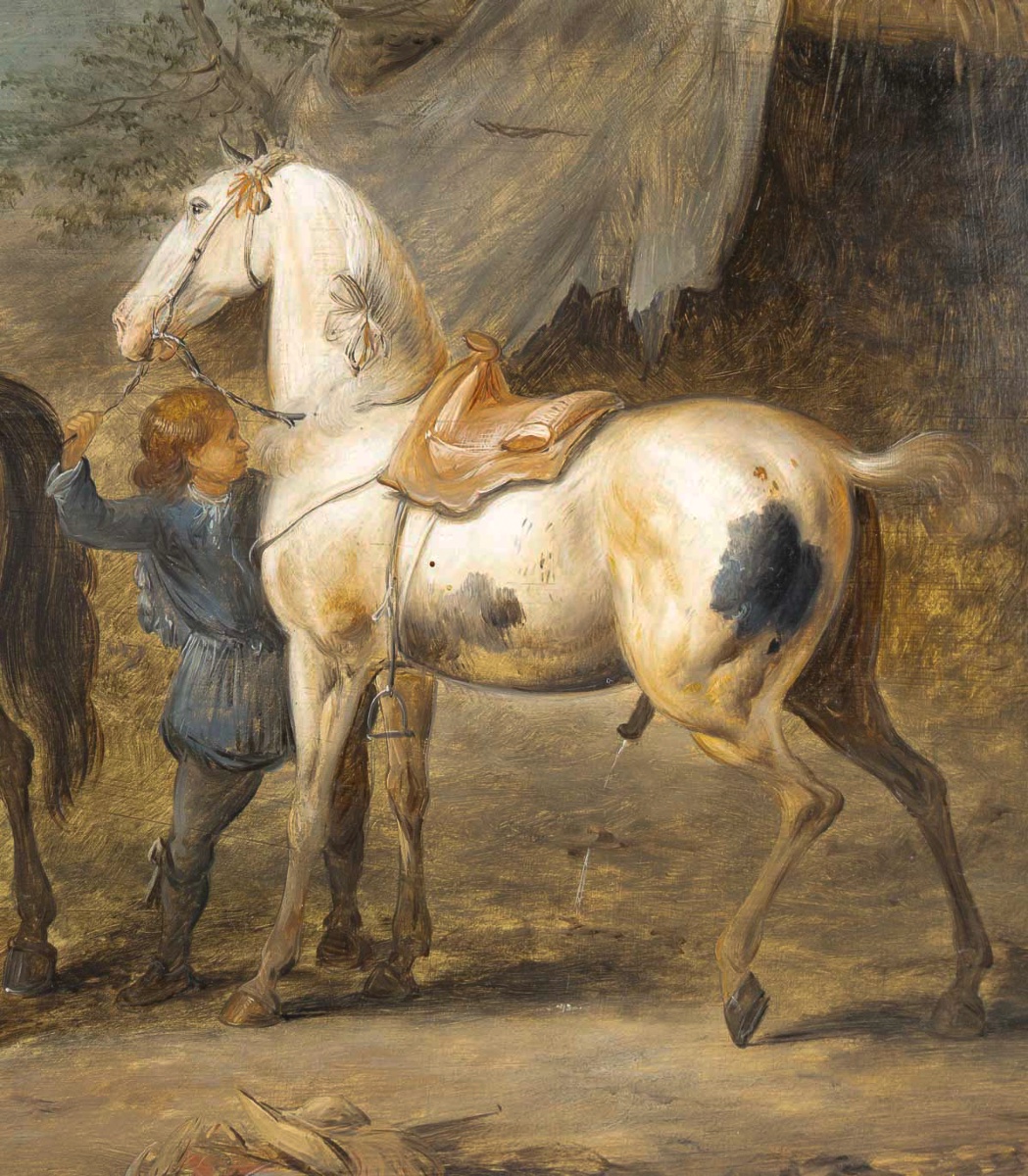 Halte de cavaliers, école flamande du XIXe siècle, dans le goût du XVIIe siècle-photo-4