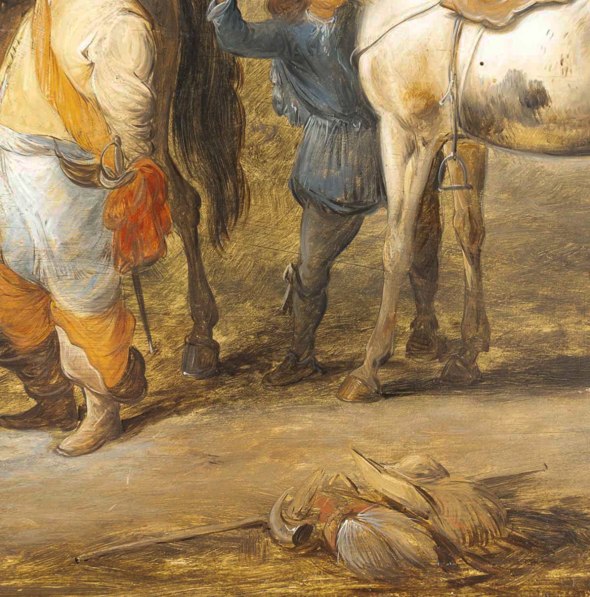 Halte de cavaliers, école flamande du XIXe siècle, dans le goût du XVIIe siècle-photo-3
