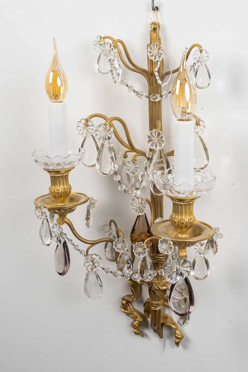 Paire d'appliques en bronze doré et cristal à décor de nœuds de rubans, style Louis XVI-photo-6