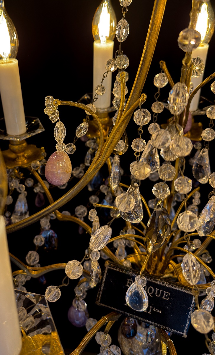 Lustre cage en bronze doré, cristal de roche et améthystes, France, fin du XVIIIe siècle-photo-4