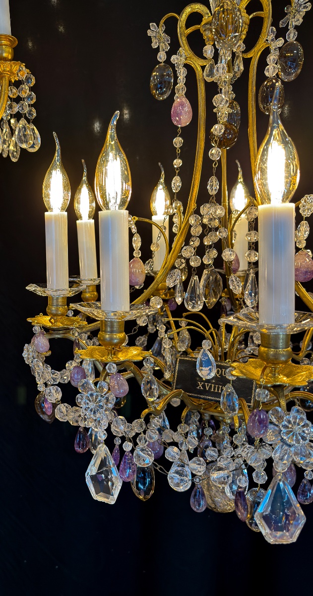 Lustre cage en bronze doré, cristal de roche et améthystes, France, fin du XVIIIe siècle-photo-1