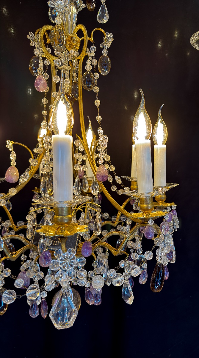 Lustre cage en bronze doré, cristal de roche et améthystes, France, fin du XVIIIe siècle-photo-3