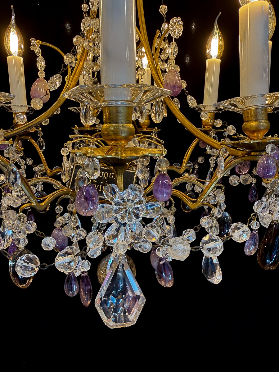Lustre cage en bronze doré, cristal de roche et améthystes, France, fin du XVIIIe siècle-photo-4