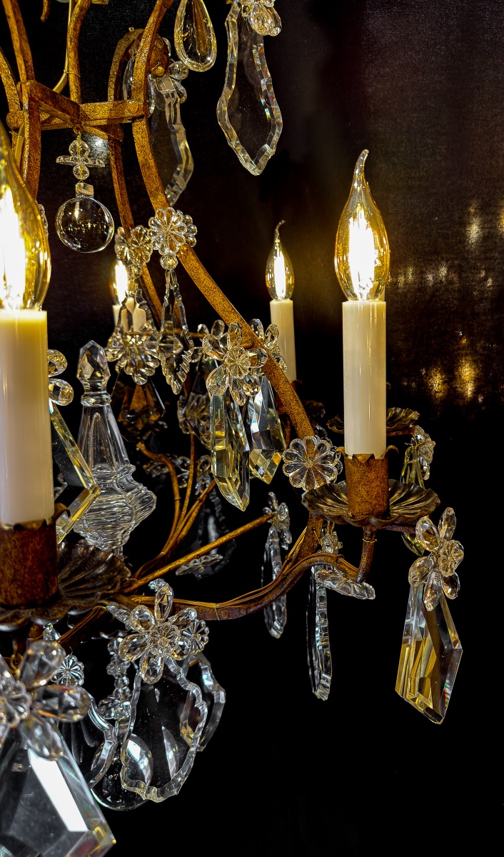 Gilt Wrought Iron And Crystal Chandelier, Maison Baguès, Circa 1900-1920-photo-3