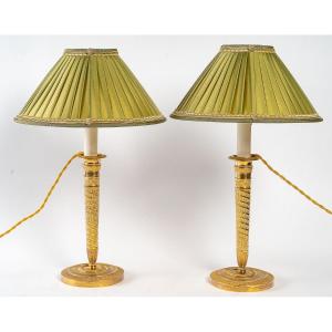 Pair Of Candlesticks In Gilt Bronze Lamps Decorated With Heart Raises From The Directoire Period