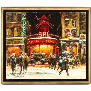 Armand Lourenco (1925-2004) -  Le Moulin Rouge Sous La Neige Huile Sur Toile Vers 1950-1960