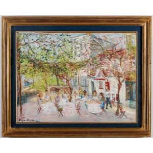 Serge Belloni  1925-2005 « le Peintre De Paris » - Montmartre Chez Plumeau  Huile Sur Panneau