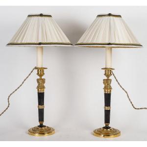 Pair Of Candlesticks Candlesticks Converted In Lamps Attributed To Claude Galle Circa 1810