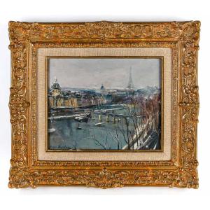 Serge Belloni « le Peintre De Paris » - Paris La Seine En Hiver Huile Sur Panneau Vers 1960