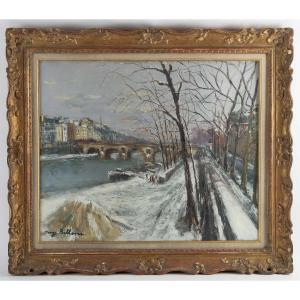 Serge Belloni “the Painter Of Paris” - The Marie Bridge And The Saint-louis Island Under The Snow