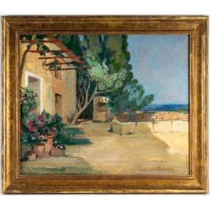 Lucien Adrion (1889-1953) - Huile Sur Toile Vers 1920-1930 - Une Terrasse Sur La Méditerranée 