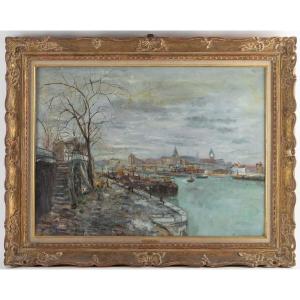 Serge Belloni « le Peintre De Paris » - Les Quais De Seine à Paris Vers 1960 Huile Sur Toile