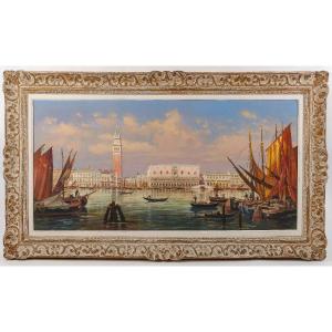 Vue Panoramique Du Palais Des Doges à Venise Huile Sur Toile école Italienne Du XXème Siècle