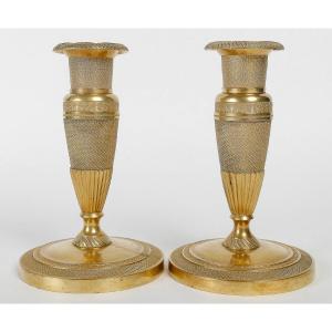 Pair Of Small Gilt Bronze "ragots" Candlesticks Empire Period Circa 1810