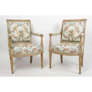 Pierre-antoine Bonnemain Pair Of Directoire Reverse-back Armchairs In Lacquered Wood