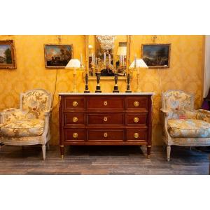 Louis XVI Period Mahogany Commode With White Marble Top, Stamped By Martin Ohneberg