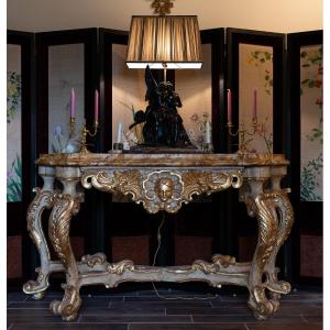 Italy 18th Century Large Lacquered And Gilded Console Top-tray In Imitation Sienna Marble