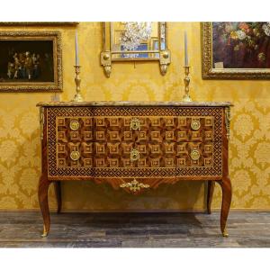 Léonard Boudin Master In 1761 Commode In Marquetry Of Bottomless Cubes Transition Period Circa 1770