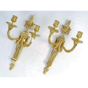 French Louis XVI Style Two Arm-lights Pair Of Ormolu Chiseled Sconces