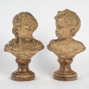 D’après Jean-antoine Houdon (1741-1828) Paire De Bustes D’enfants En Terre Cuite XIXème Siècle