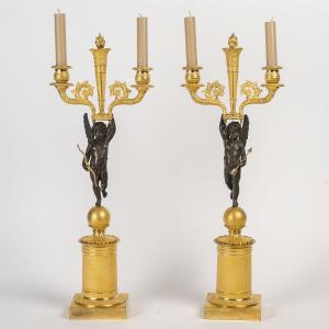Pair Of French Empire Period Bronze Candelabra With Winged Amours Decoration Circa 1810-1815