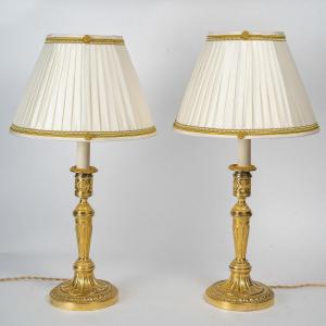 Pair Of Chiseled Gilt Bronze Candlesticks Mounted As Lamps From The Late Louis XVI Period