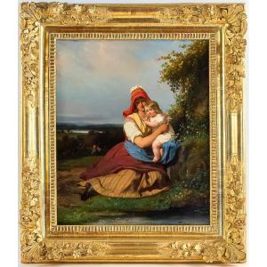 Julien Michel Gué (1789-1843) Portrait Champêtre Femme Et Son Enfant Huile Sur Toile Vers 1820