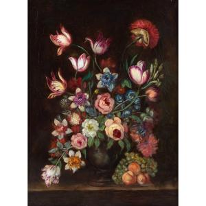 Bouquet Of Tulips, Roses And Fruits On An Entablature Oil On Canvas, Napoleon III Period