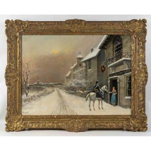 Theodore Levigne (1848-1912) Visit Of The Policeman To The Lion d'Or In The Snow Oil On Canvas 