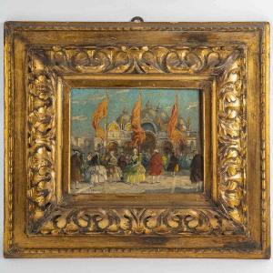 Ettore Solvegni (1874-1930) - Carnival In Venice Oil On Wood Circa 1890-1900