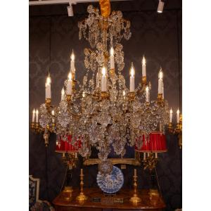 Eighteen-light Chandelier In Chiseled Gilded Bronze And Crystal Decoration Signed Baccarat 1850