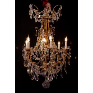 Louis XVI Style Chandelier In Wood And Gilt Bronze With Cut Crystal Decoration Circa 1880