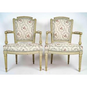 Jean-baptiste Boulard (1725-1789) Pair Of Louis XVI Period Carved And Lacquered Wood Armchairs