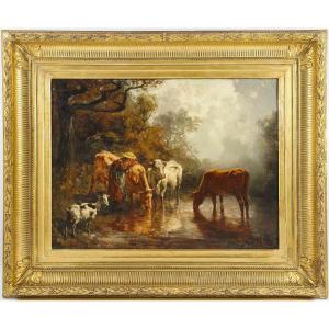 Théodore Levigne (1848-1912) Vaches S’abreuvant à L’étang Huile Sur Toile Vers 1875