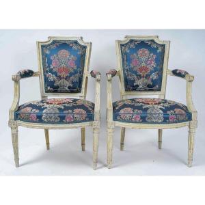 Pair Of Armchairs Of The Louis XVI Period With Gendarme Hat Backs In Lacquered Wood Circa 1780