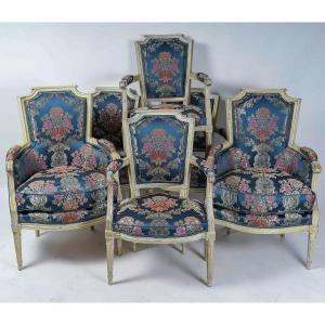 Set Of Seats Composed Of Two Bergeres And Four Armchairs Of Louis XVI Period In Lacquered Wood 