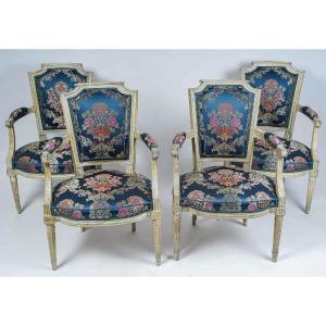 Four Louis XVI Period Armchairs With Gendarme Hat Backs In Lacquered Wood Circa 1780